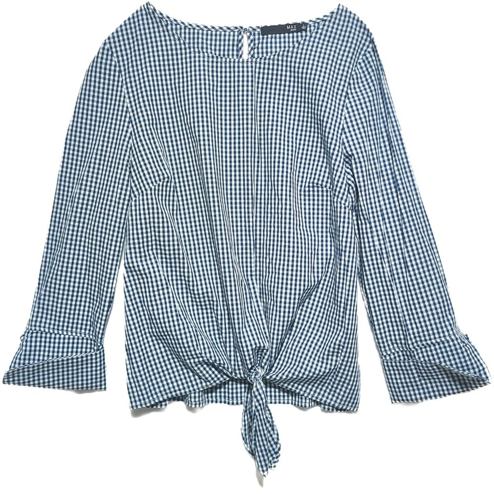 Max Jeans Tie front Gingham Check Top size L Large Blue White Shirt knot cuff